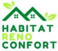 Logo Habitat Reno Confort : toits verts stylisés avec feuilles, symbolisant la rénovation écologique et le confort du logement.