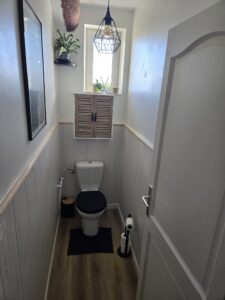 Toilette moderne avec lambris gris, siège noir, étagère en bois et lampe cage industrielle dans un petit espace.