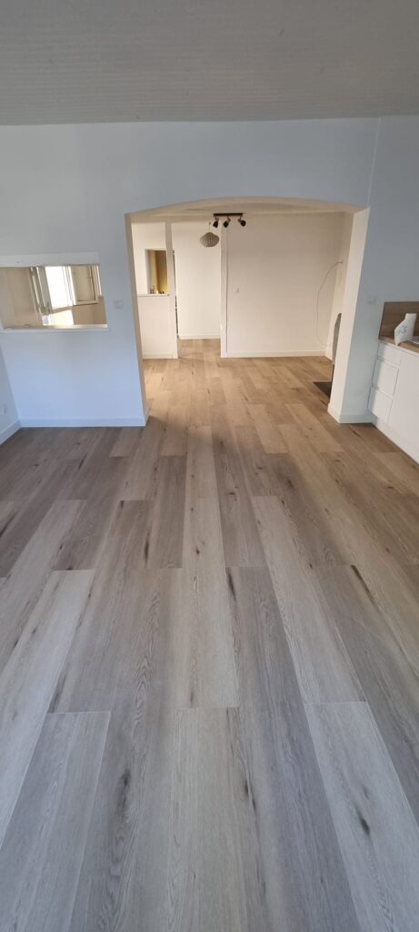 Salon moderne avec sol en parquet de bois clair, murs blancs et ouverture en arche vers une autre pièce lumineuse.