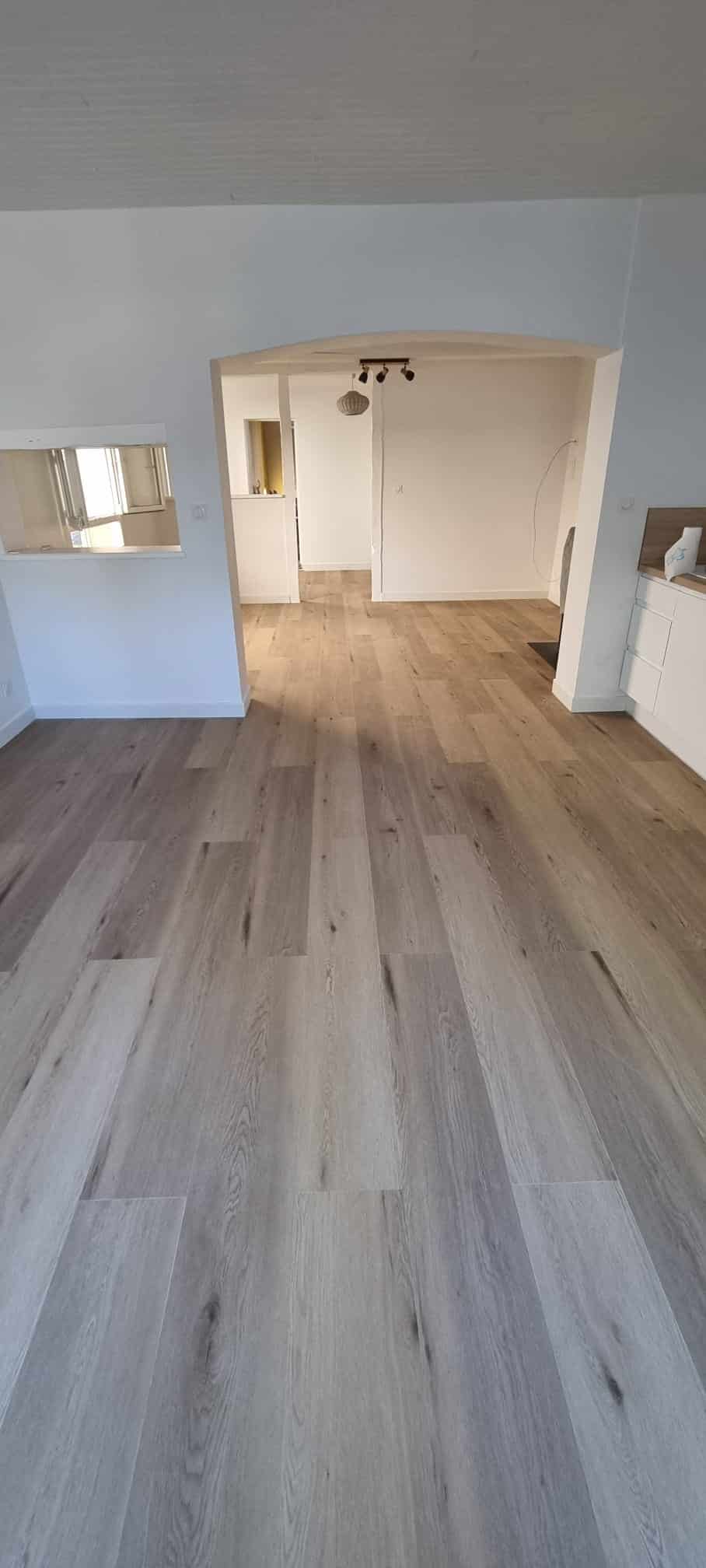 Salon moderne avec sol en parquet de bois clair, murs blancs et ouverture en arche vers une autre pièce lumineuse.